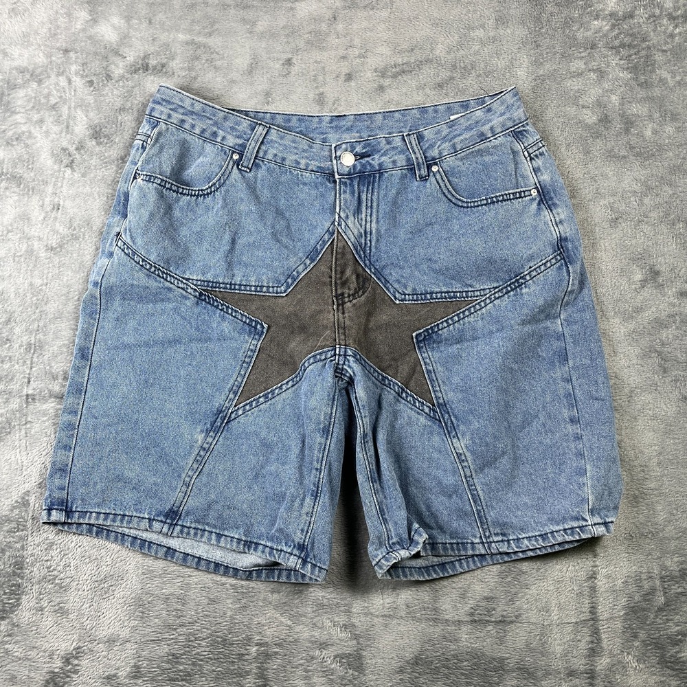 Romwe Shorts Womens 12 Blue Denim Star Patchwork Logo Stretch Cotton Medium Wash